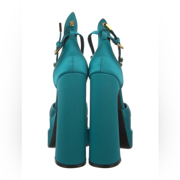 VERSACE Aevitas Teal Crystal-Embellished Platform Block Heel Pumps Size EU38.5 - Picture 4 of 4